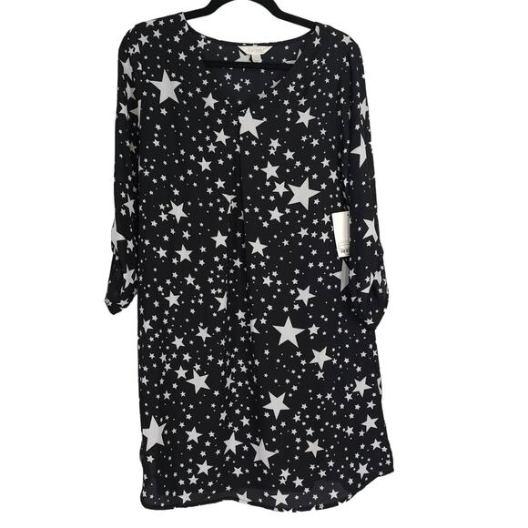 Decree Womens Size L Oh My Stars Black White Shirt Dress Roll Tab Sleeve NEW - Picture 1 of 12